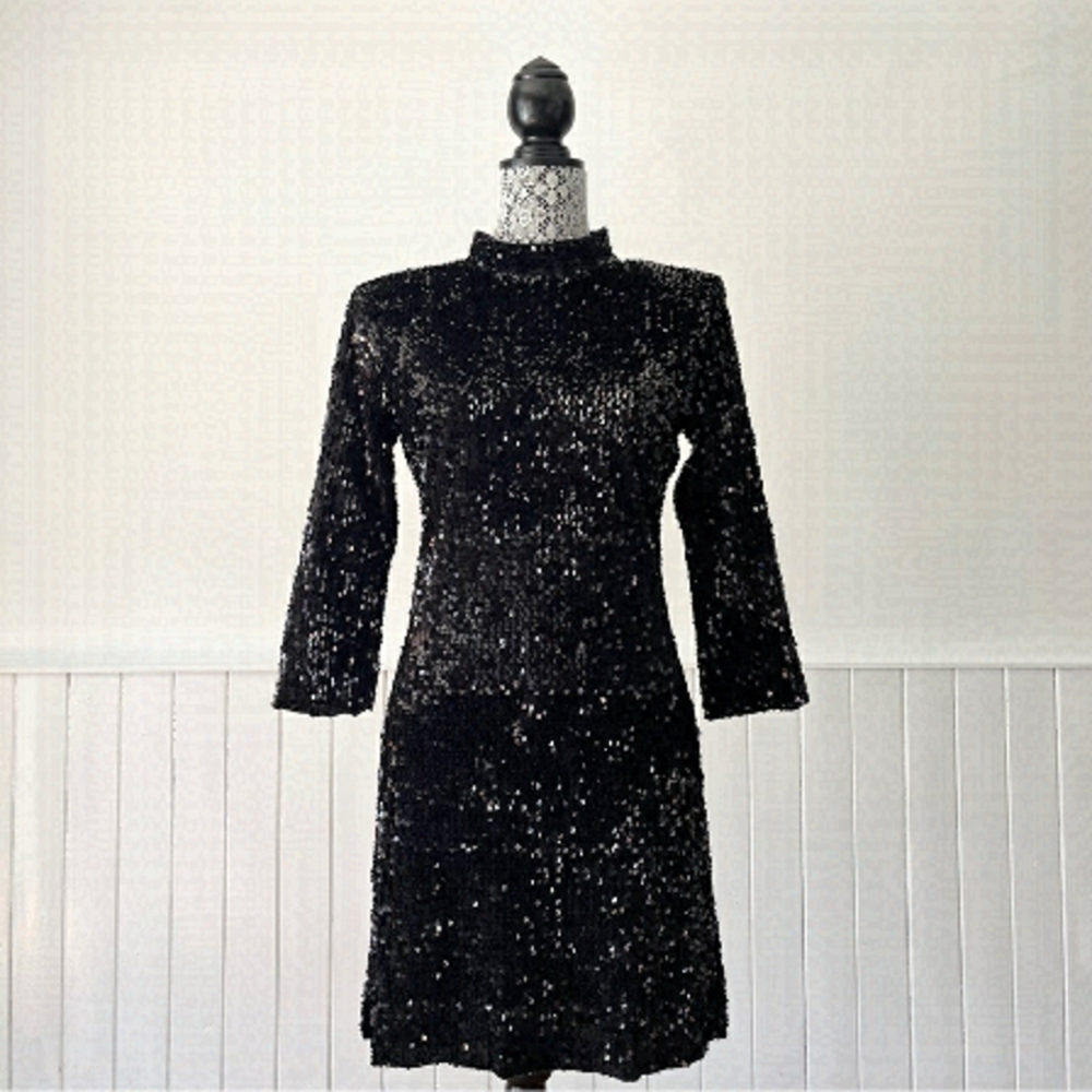 Zara Basic Black Mock Neck Open Back 3/4 Sleeve Sequin Mini Dress Size L